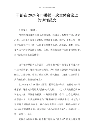 干部在2024年市委第一次全体会议上的讲话范文