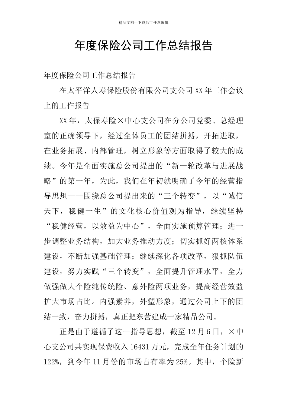 年度保险公司工作总结报告_第1页
