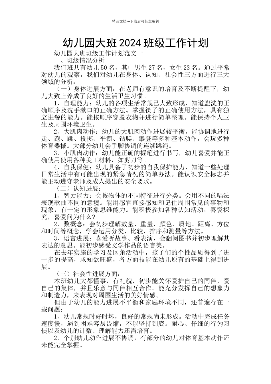 幼儿园大班2024班级工作计划_第1页