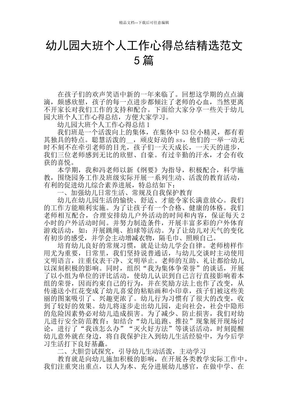 幼儿园大班个人工作心得总结精选范文5篇_第1页
