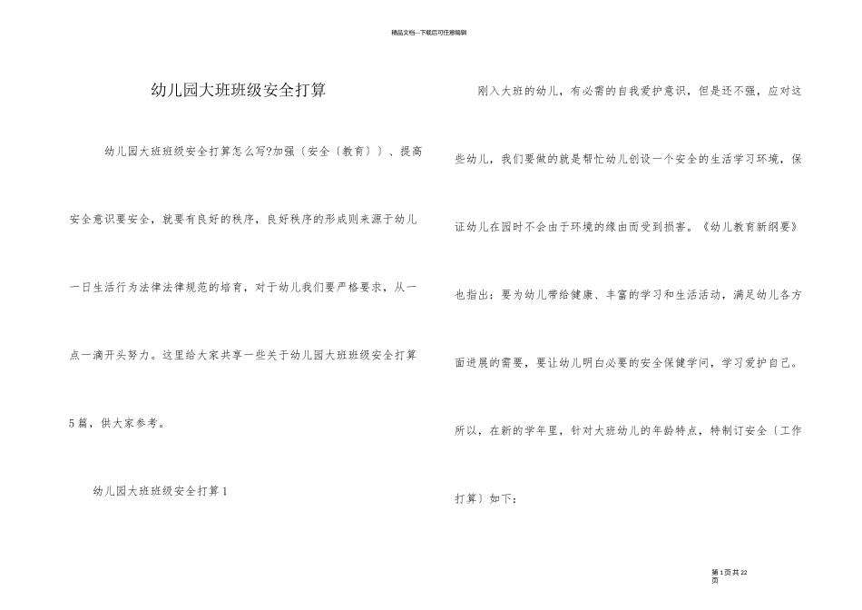 幼儿园大班班级安全计划_第1页