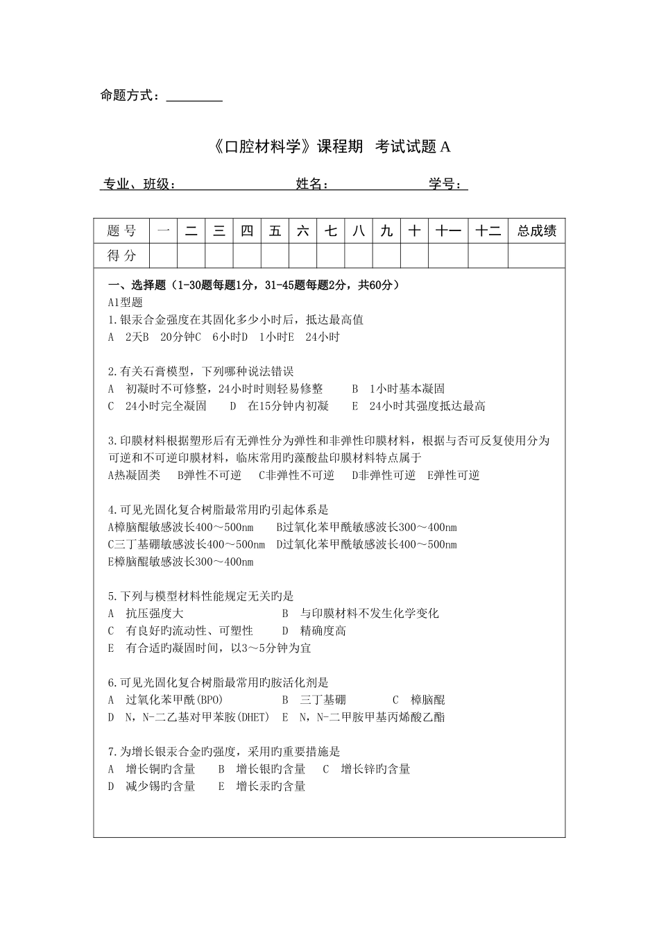 2025年口腔材料学超级题库湘雅_第1页