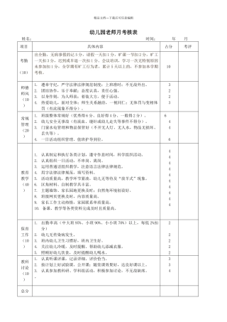 幼儿园教师月考核表