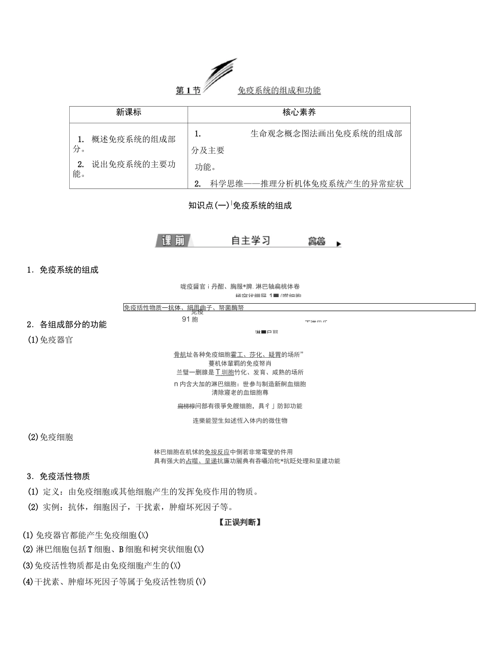 新人教版 选择性必修1 免疫系统的组成和功能 教案_第1页