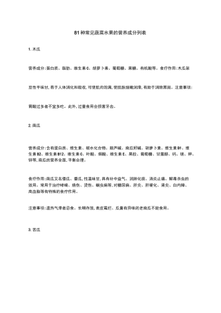 81种常见蔬菜水果的营养成分列表