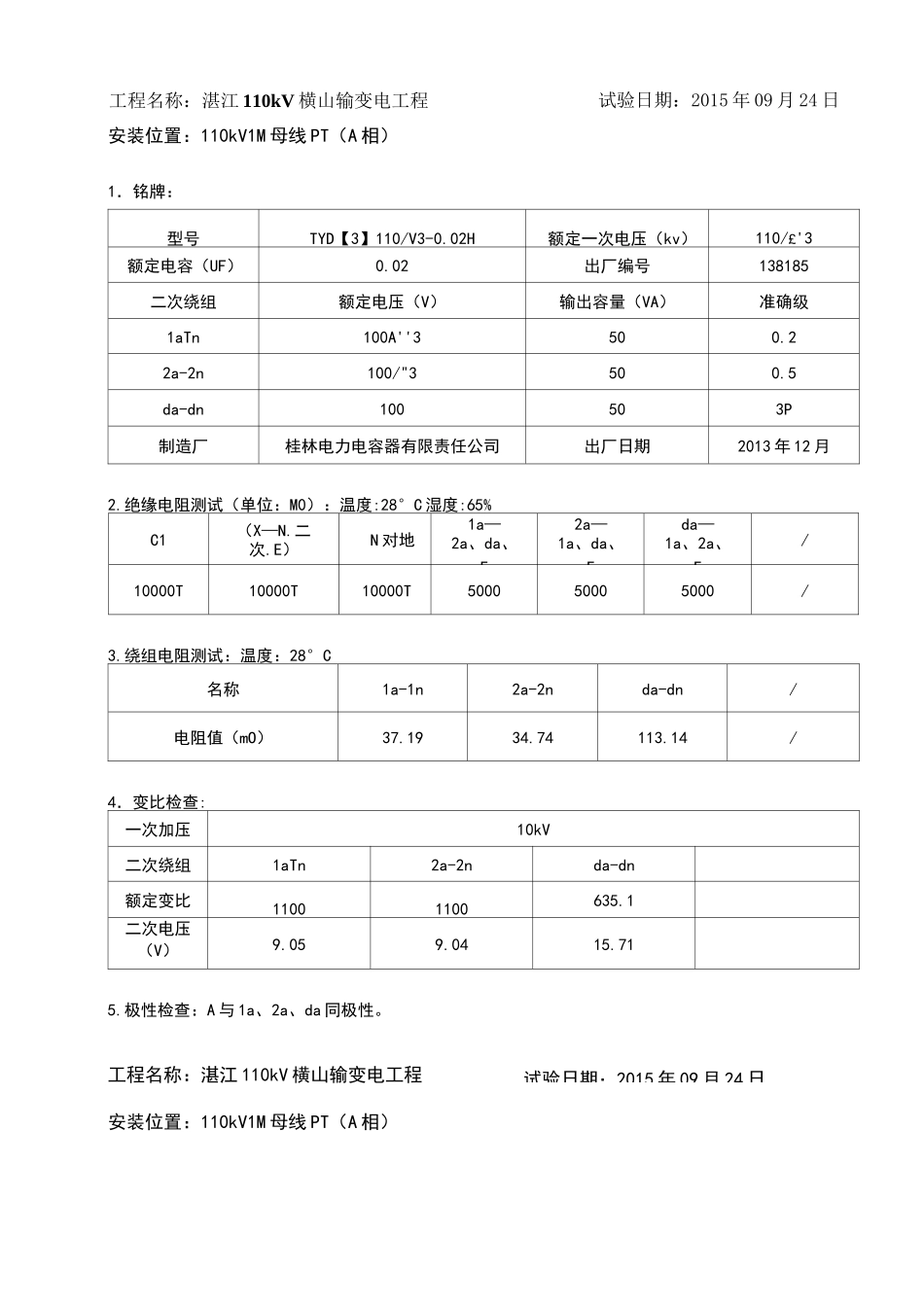 110kV电压互感器试验报告_第1页