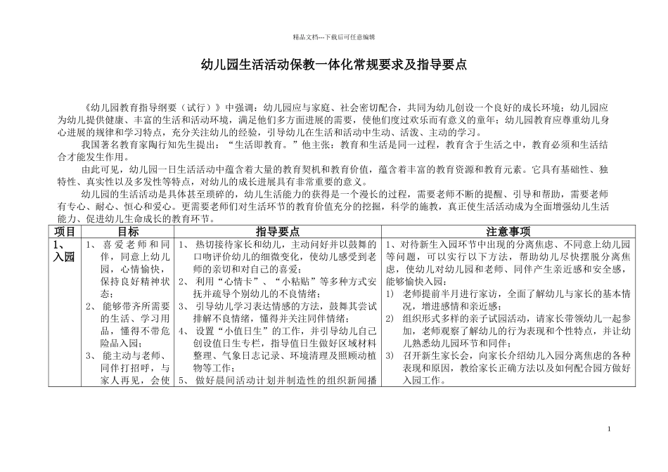 幼儿园生活活动保教一体化生常规要求及指导要点_第1页