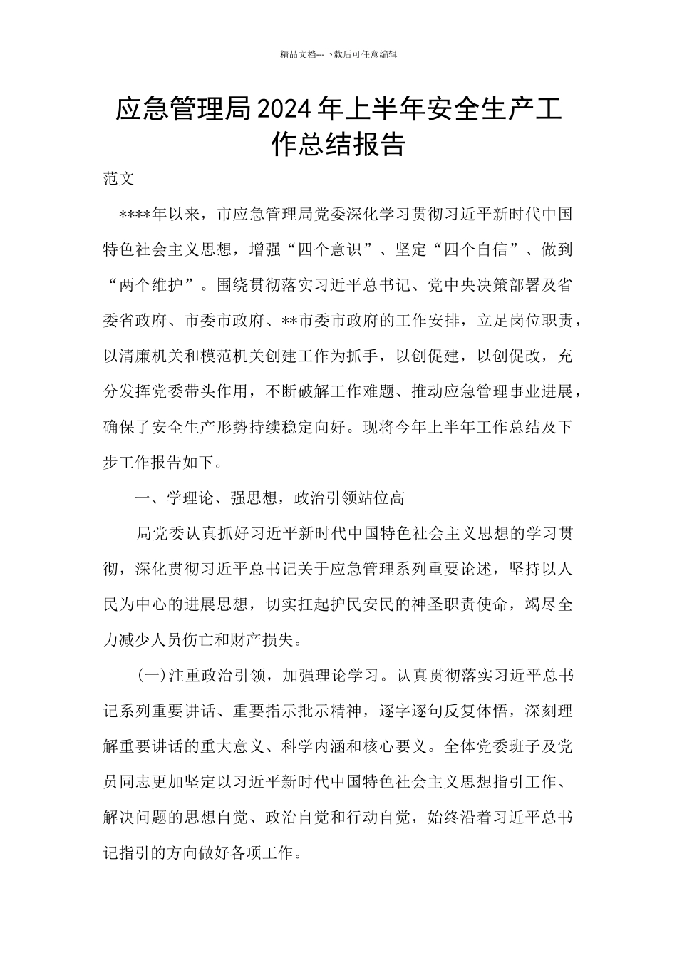 应急管理局2024年上半年安全生产工作总结报告_第1页