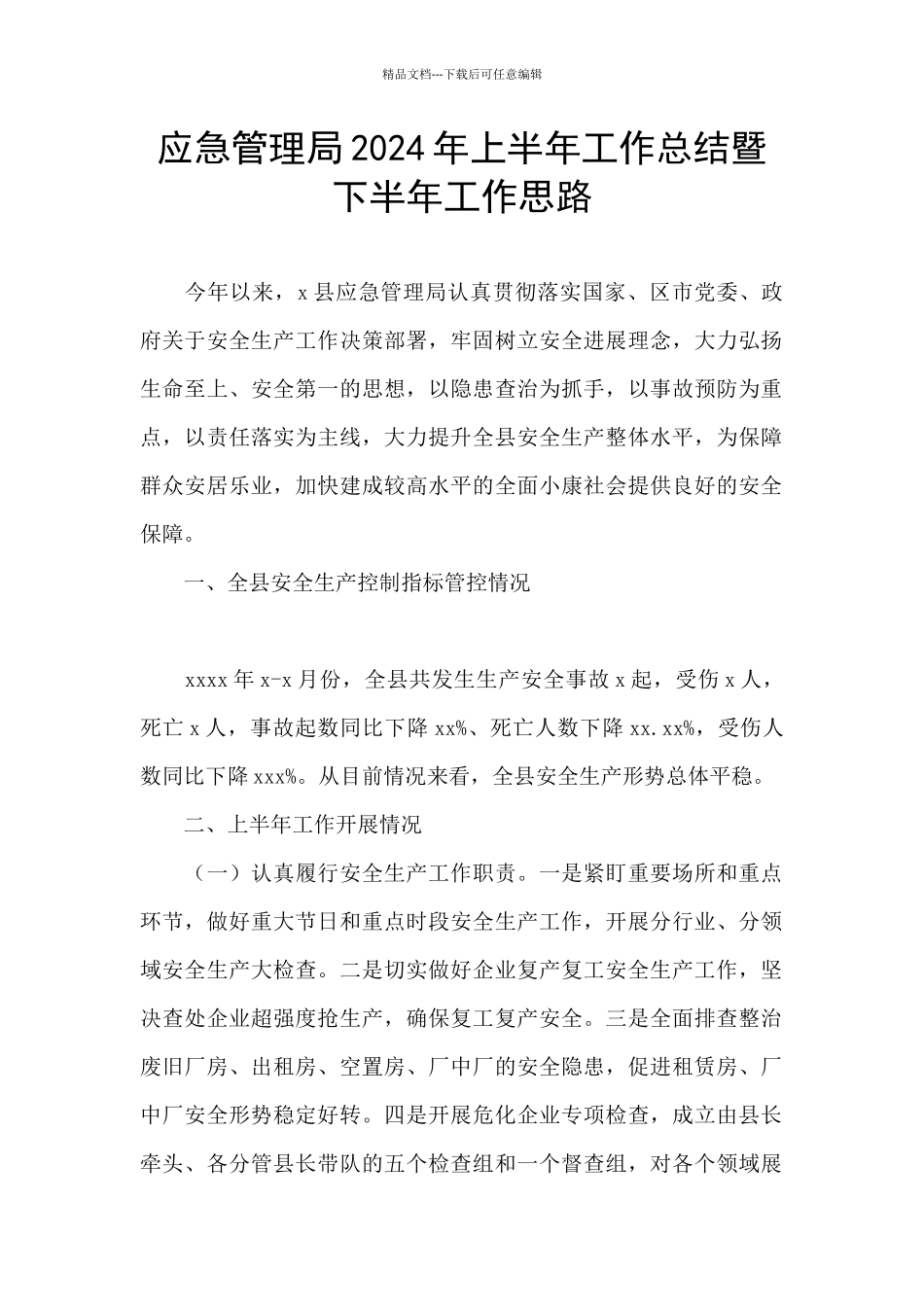 应急管理局2024年上半年工作总结暨下半年工作思路_第1页
