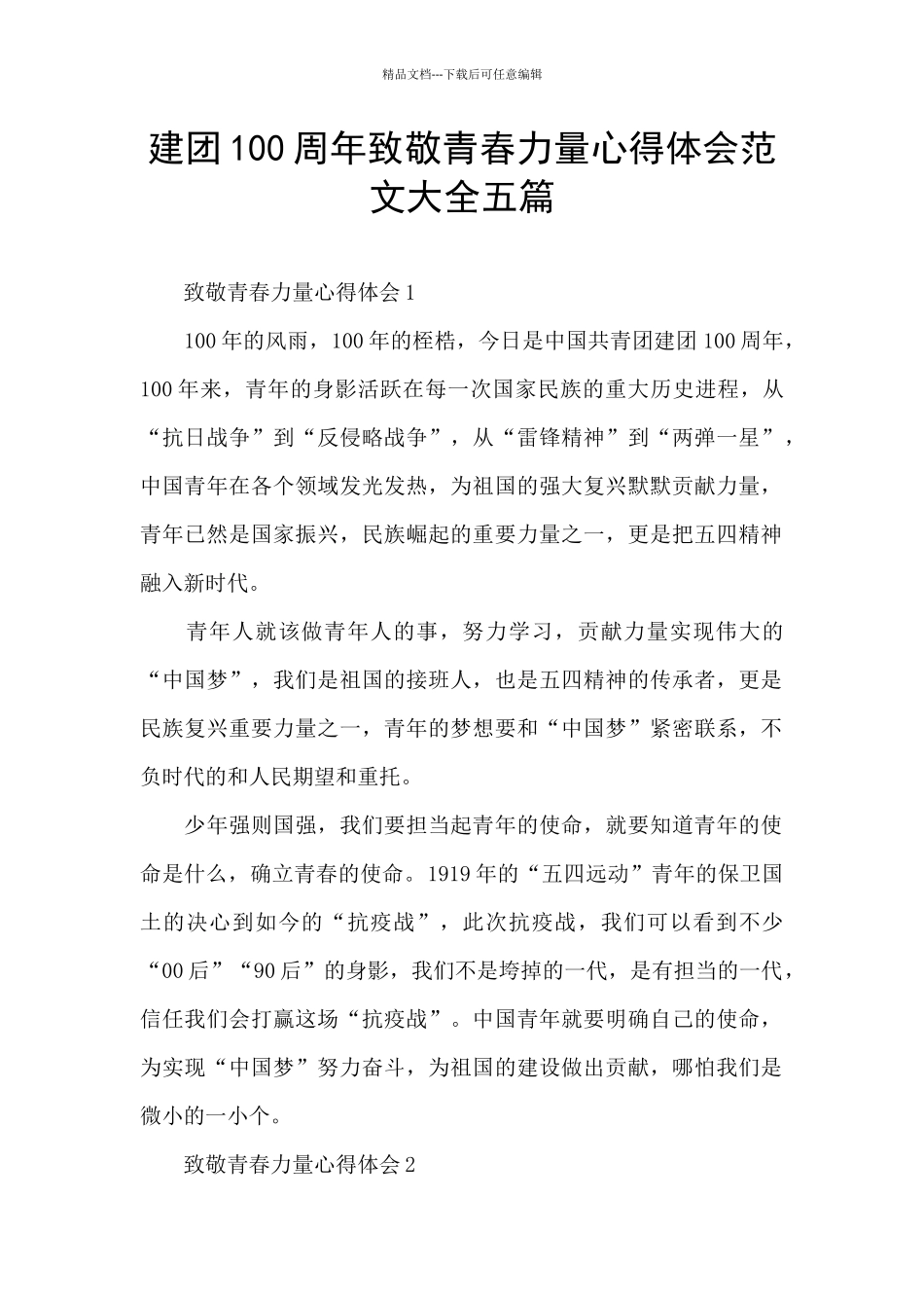 建团100周年致敬青春力量心得体会范文大全五篇_第1页