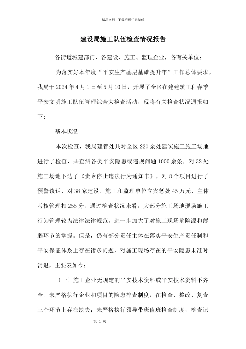 建设局施工队伍检查情况报告_第1页