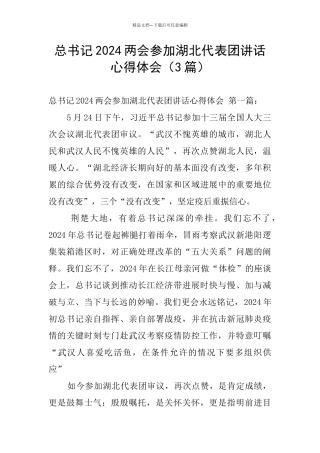 总书记2024两会参加湖北代表团讲话心得体会