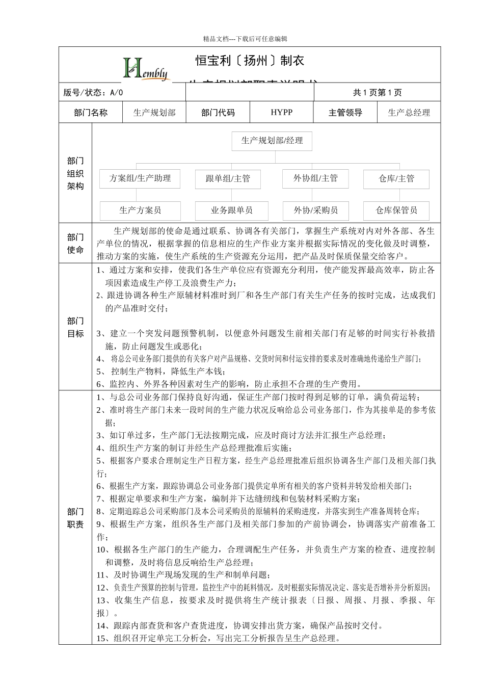 恒宝利制衣生产规划部职责说明书_第1页
