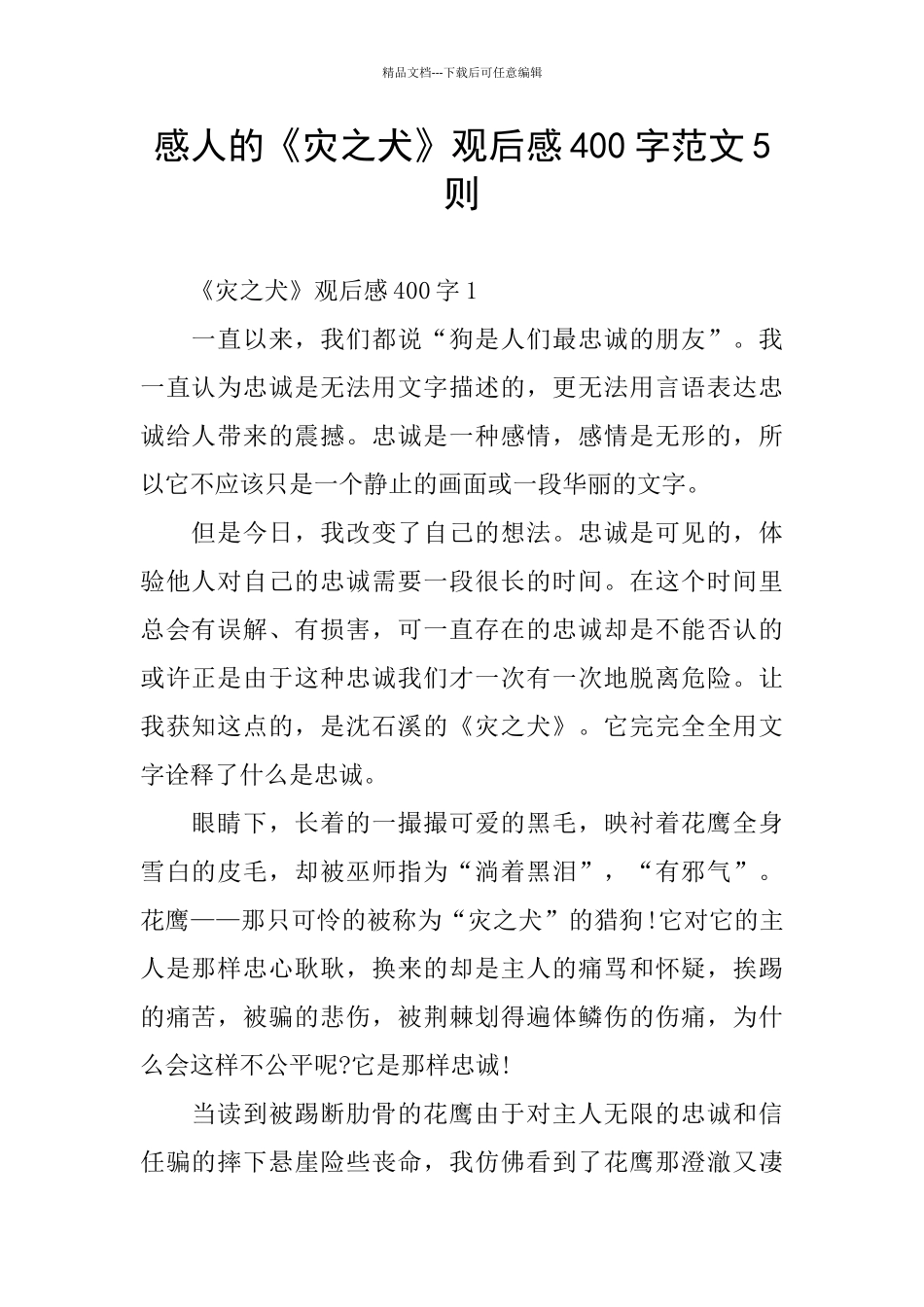 感人的《灾之犬》观后感400字范文5则_第1页