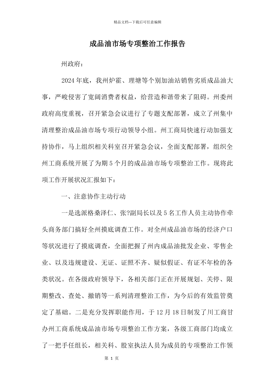 成品油市场专项整治工作报告_第1页