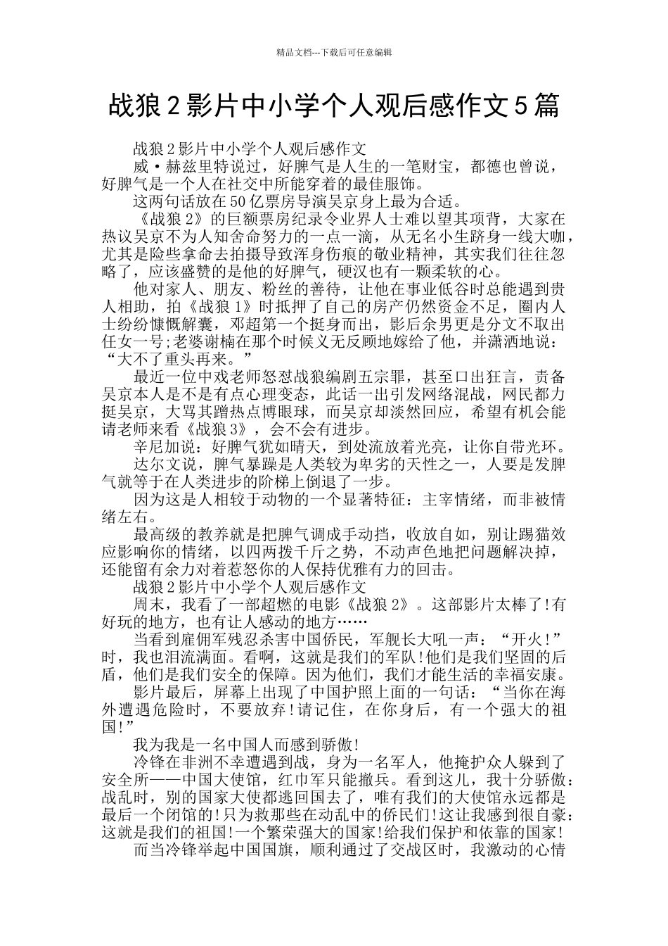 战狼2影片中小学个人观后感作文5篇_第1页