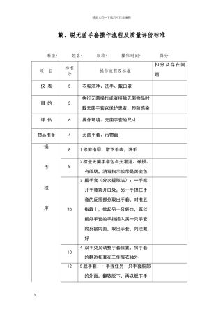 戴、脱无菌手套手套操作流程及质量标准