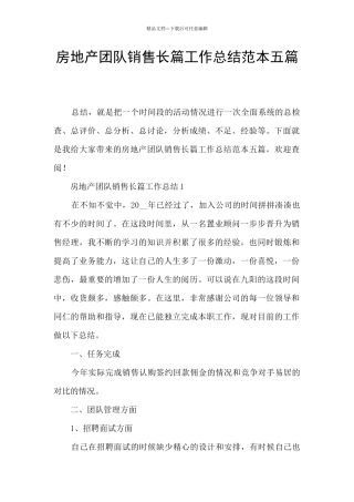 房地产团队销售长篇工作总结范本五篇