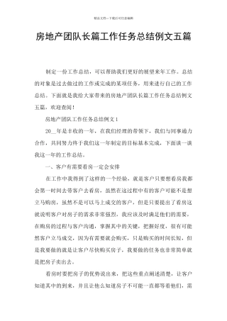 房地产团队长篇工作任务总结例文五篇