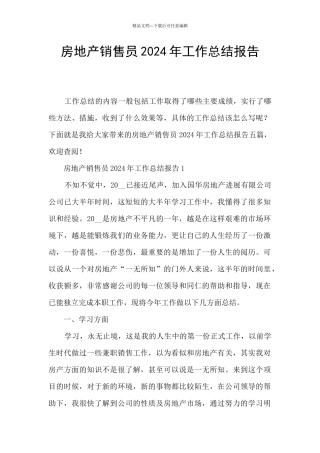 房地产销售员2024年工作总结报告