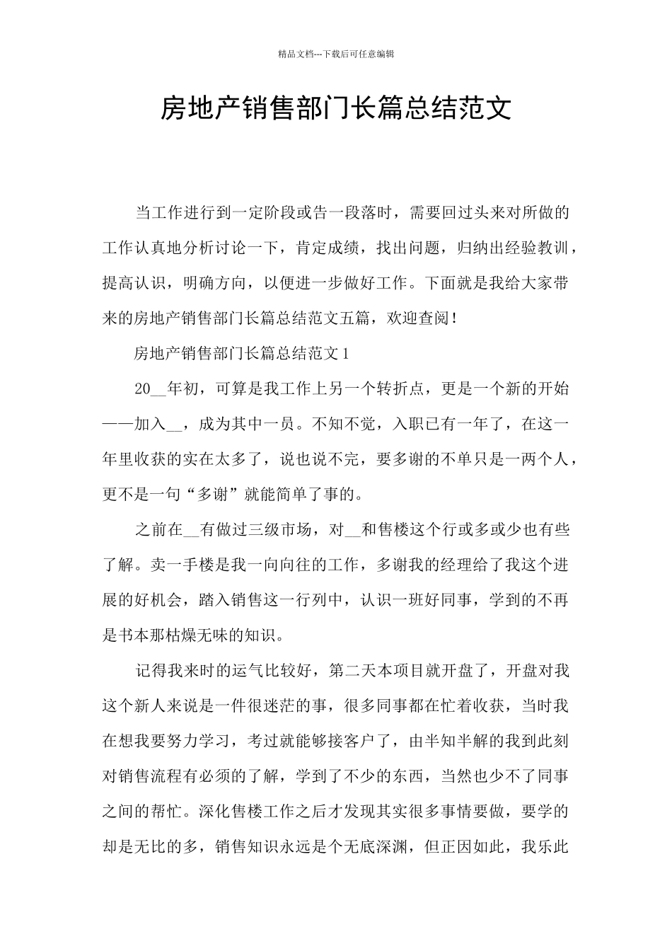 房地产销售部门长篇总结范文_第1页
