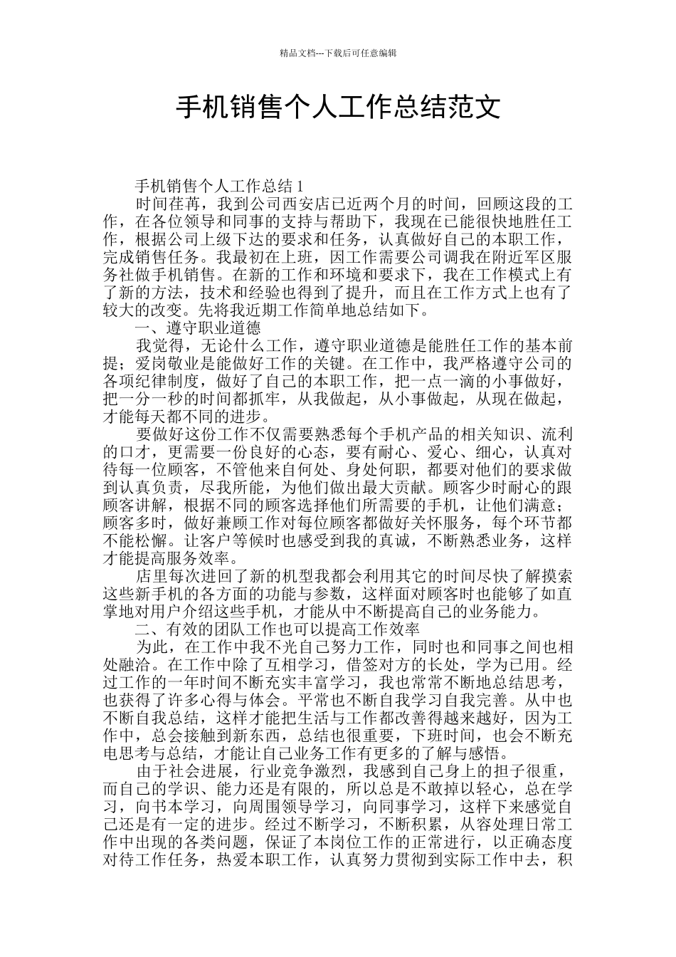 手机销售个人工作总结范文_第1页