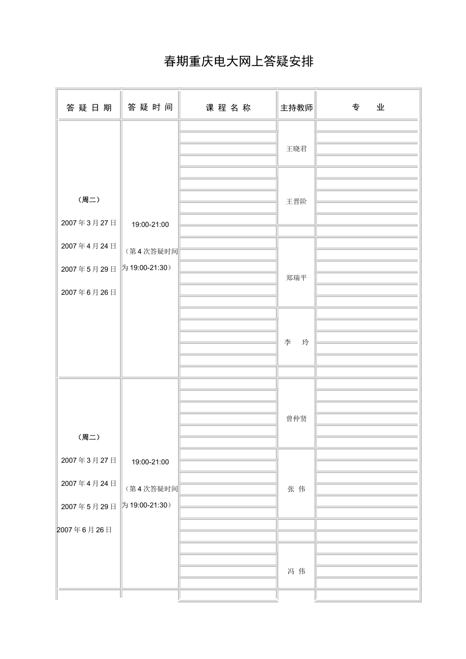 2025年春期重庆电大网上答疑安排_第1页