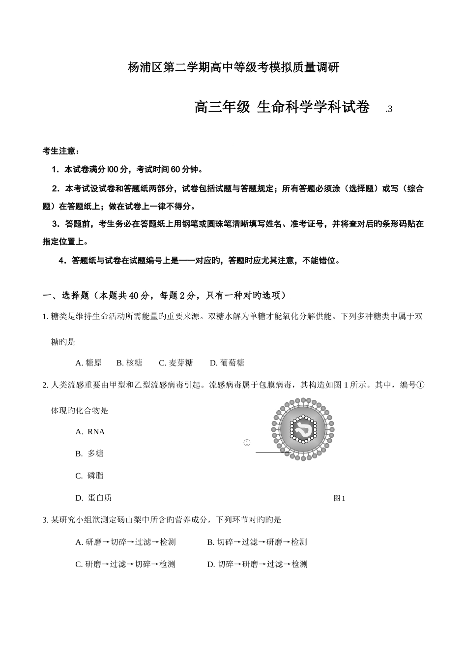 2025年杨浦区生命科学等级考二模试卷含答案_第1页