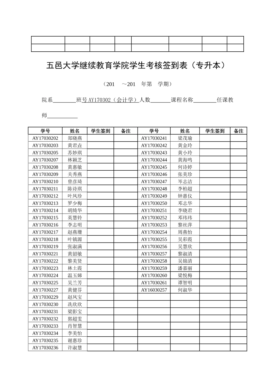2025年五邑大学继续教育学院学生考核签到表专升本_第2页