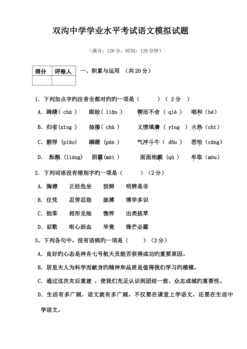 2025年双沟中学学业水平考试语文模拟试题_第1页