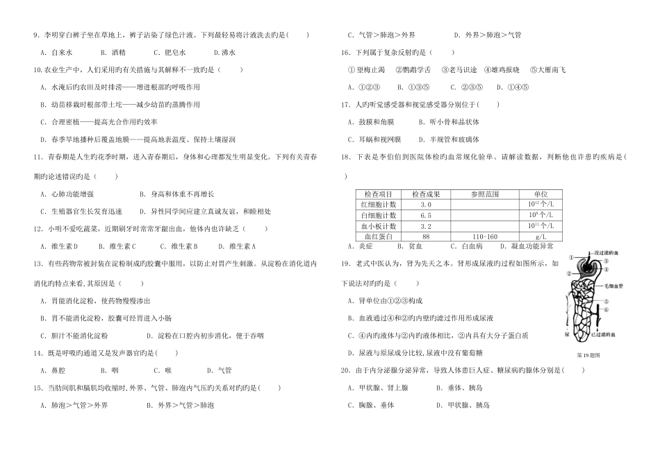 2025年初中生物学业水平测试模拟试题附参考答案_第2页