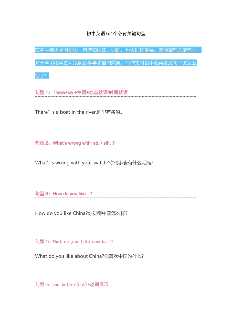 2025年初中英语6必背核心句型_第1页