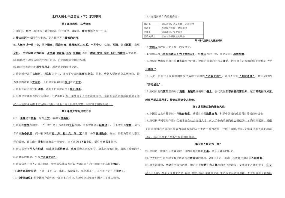 2025年北师大版七年级历史下册主要知识点归纳_第1页