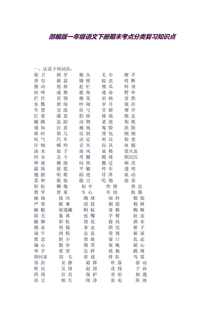 2025年部编版一年级语文下册期末考点分类复习知识点总归纳非常全面_第1页