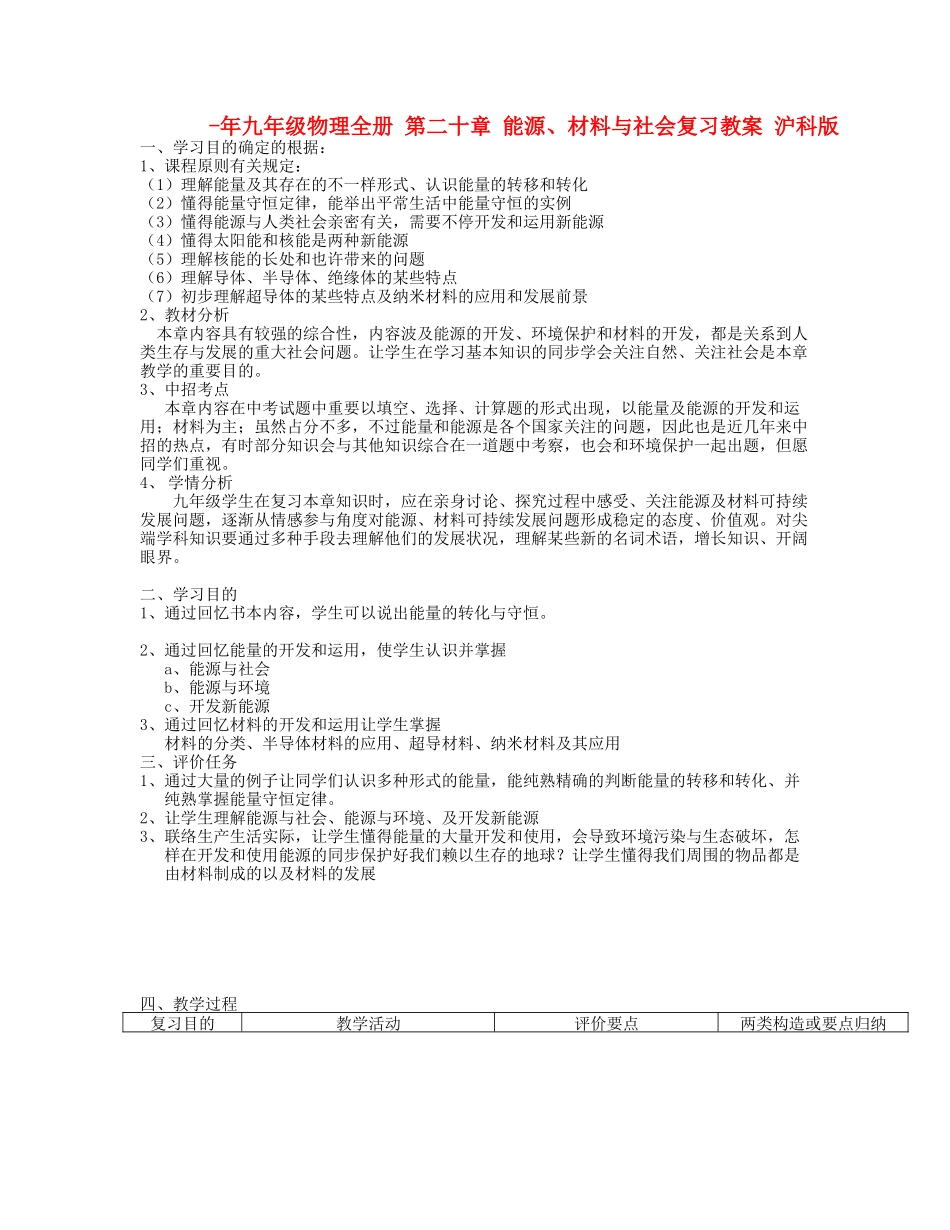 2025年九年级物理全册第二十章能源材料与社会复习教案沪科版_第1页