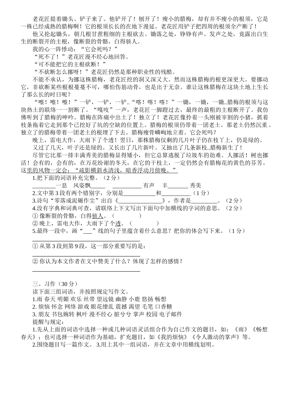 2025年完整语文长沙小升初试卷及答案解析_第3页