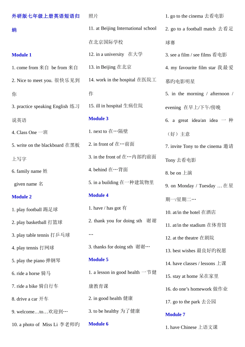 2025年外研版初中七年级到九年级英语重点短语归纳_第1页