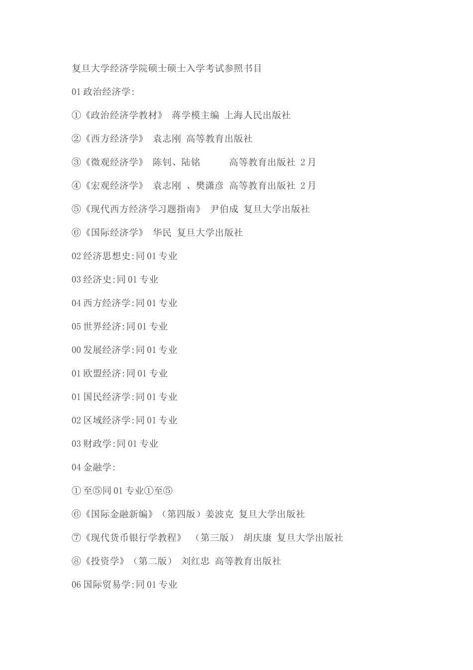 2025年复旦大学经济学院硕士研究生入学考试参考书目_第1页