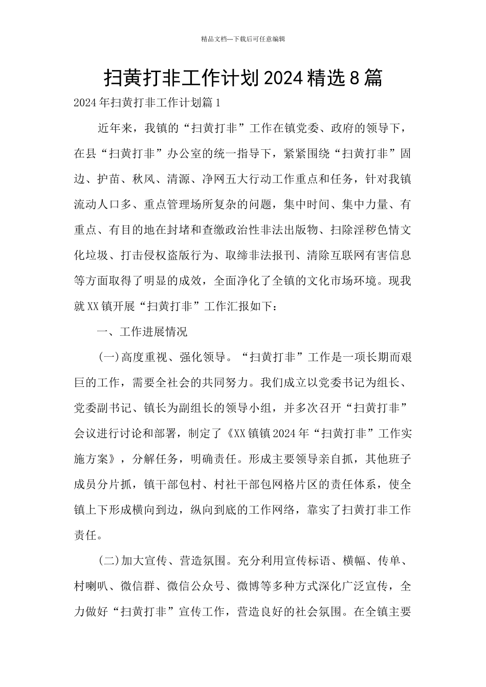 扫黄打非工作计划2024精选8篇_第1页