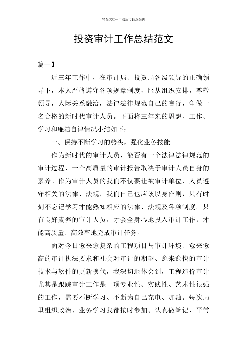 投资审计工作总结范文_第1页