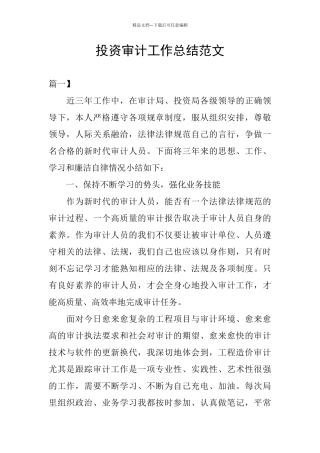 投资审计工作总结范文