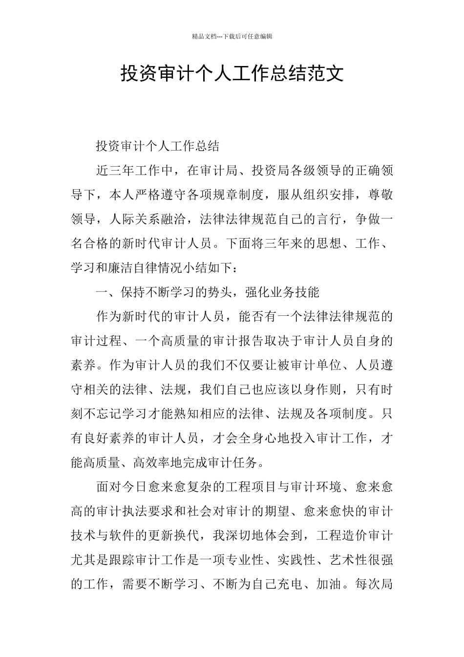 投资审计个人工作总结范文_第1页