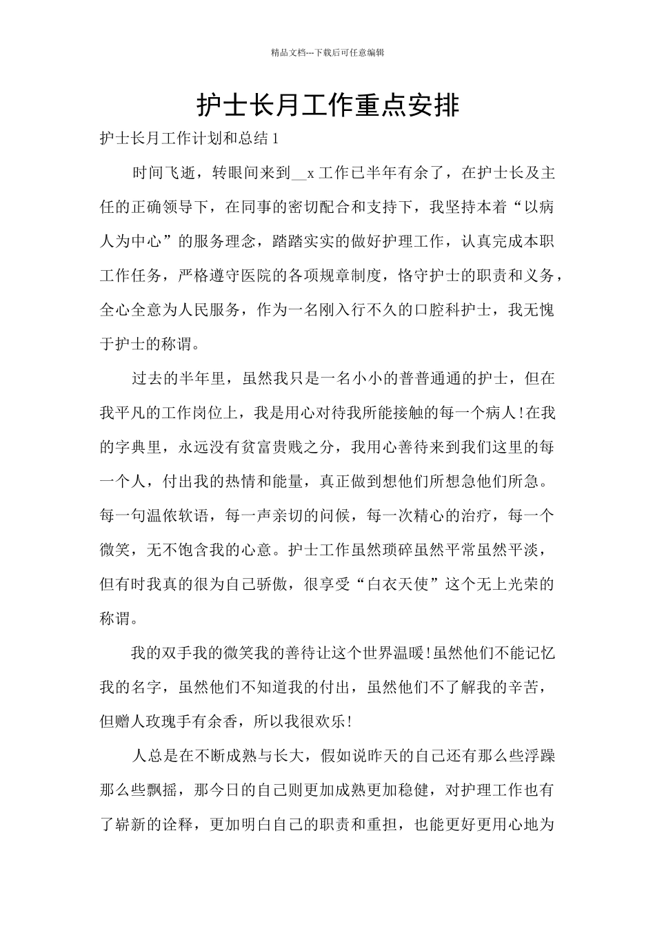 护士长月工作重点安排_第1页