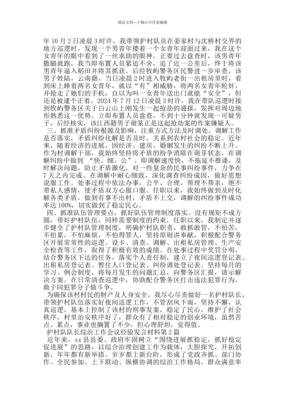 护村队队长综治工作会议经验发言材料_第2页