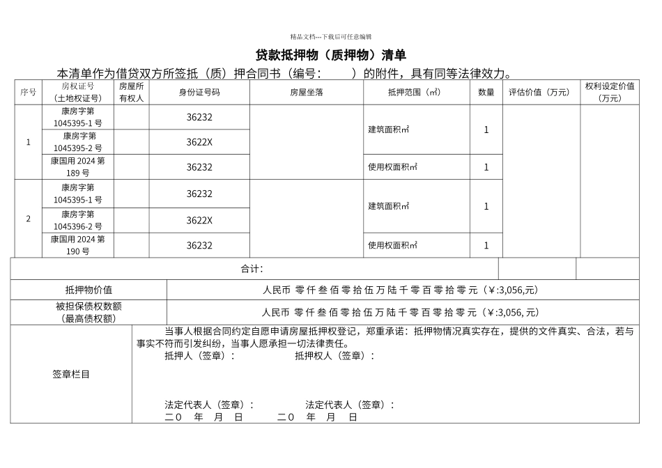 抵押物清单模板_第1页