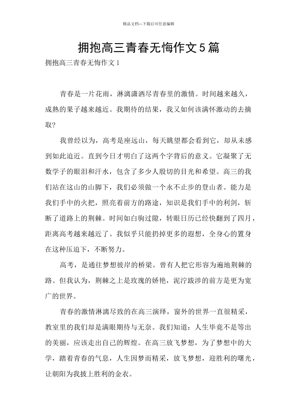 拥抱高三青春无悔作文5篇_第1页