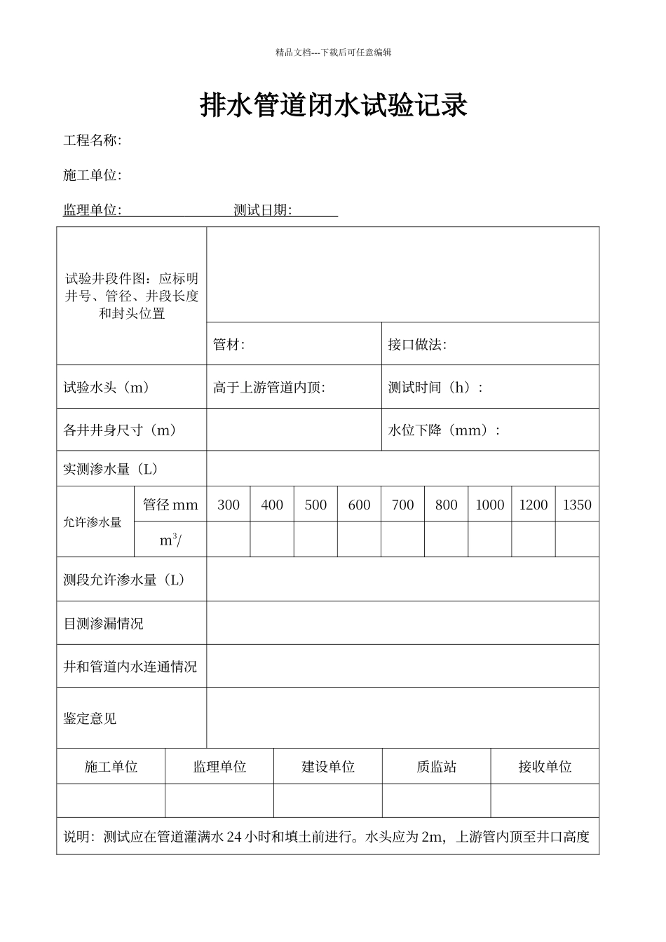 排水管道闭水试验记录样表1_第1页