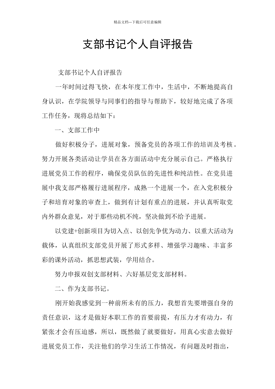 支部书记个人自评报告_第1页