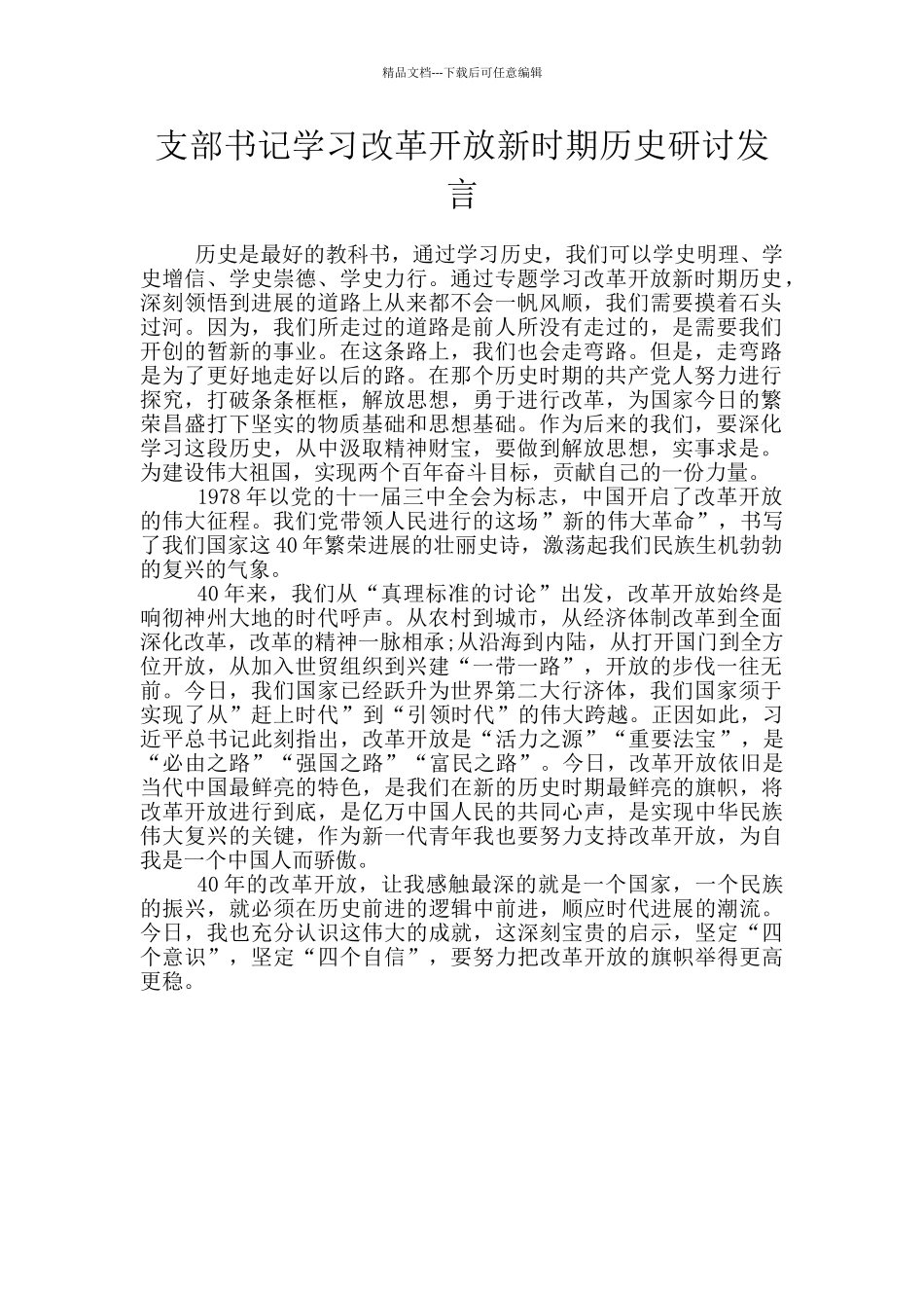 支部书记学习改革开放新时期历史研讨发言_第1页