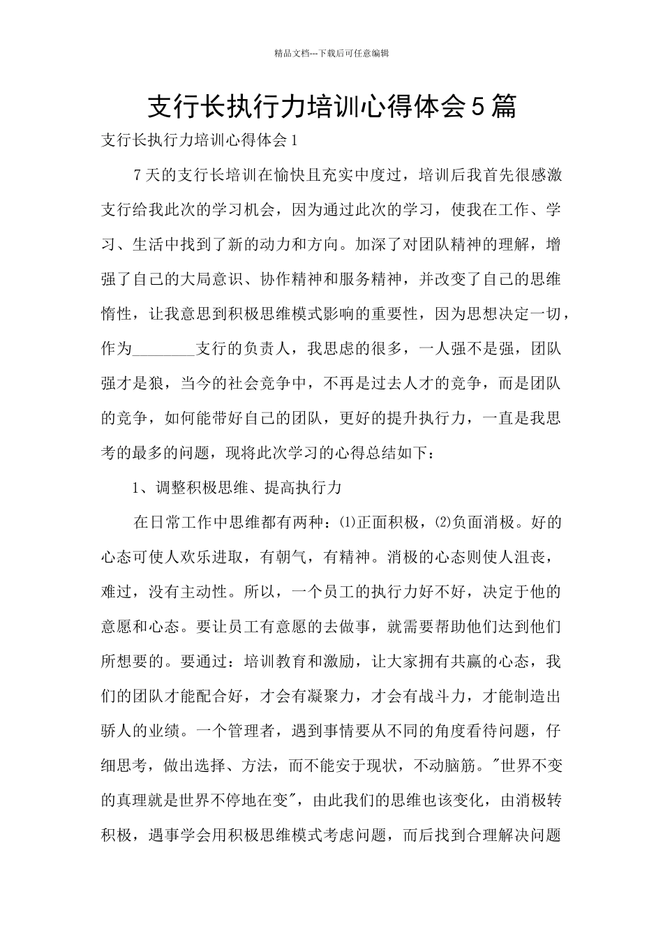 支行长执行力培训心得体会5篇_第1页